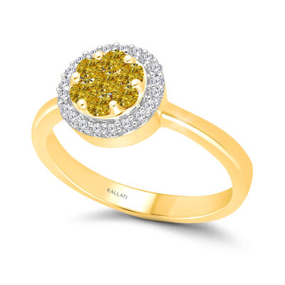 White and Yellow Diamond 1/2ctw. Cluster Halo Fashion Ring in 14k Yellow Gold